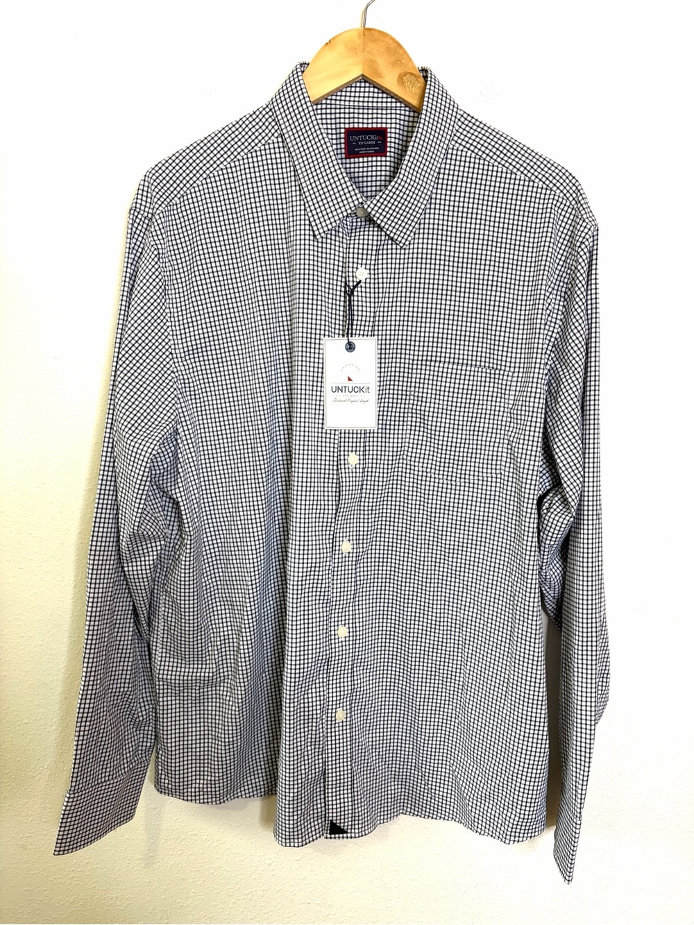 UNTUCKit Men’s navy blue & White Mini Check Button-Down Shirt long sleeve XXL